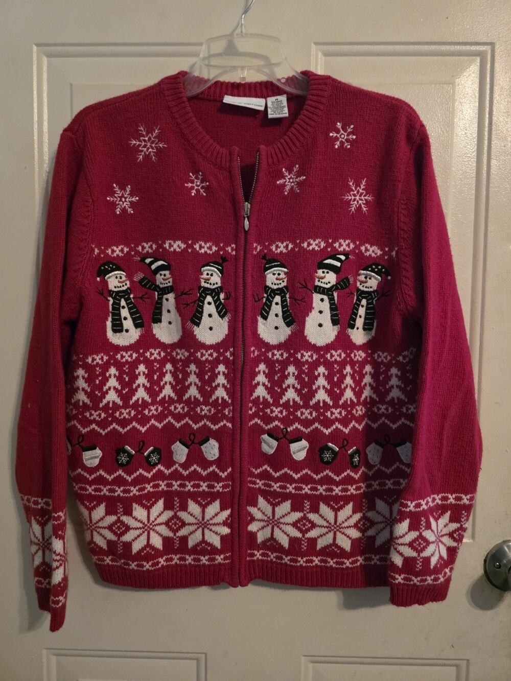 Vtg Croft & Barrow Christmas Sweater Cardigan Full Zip Red Embroidered Snowmen M